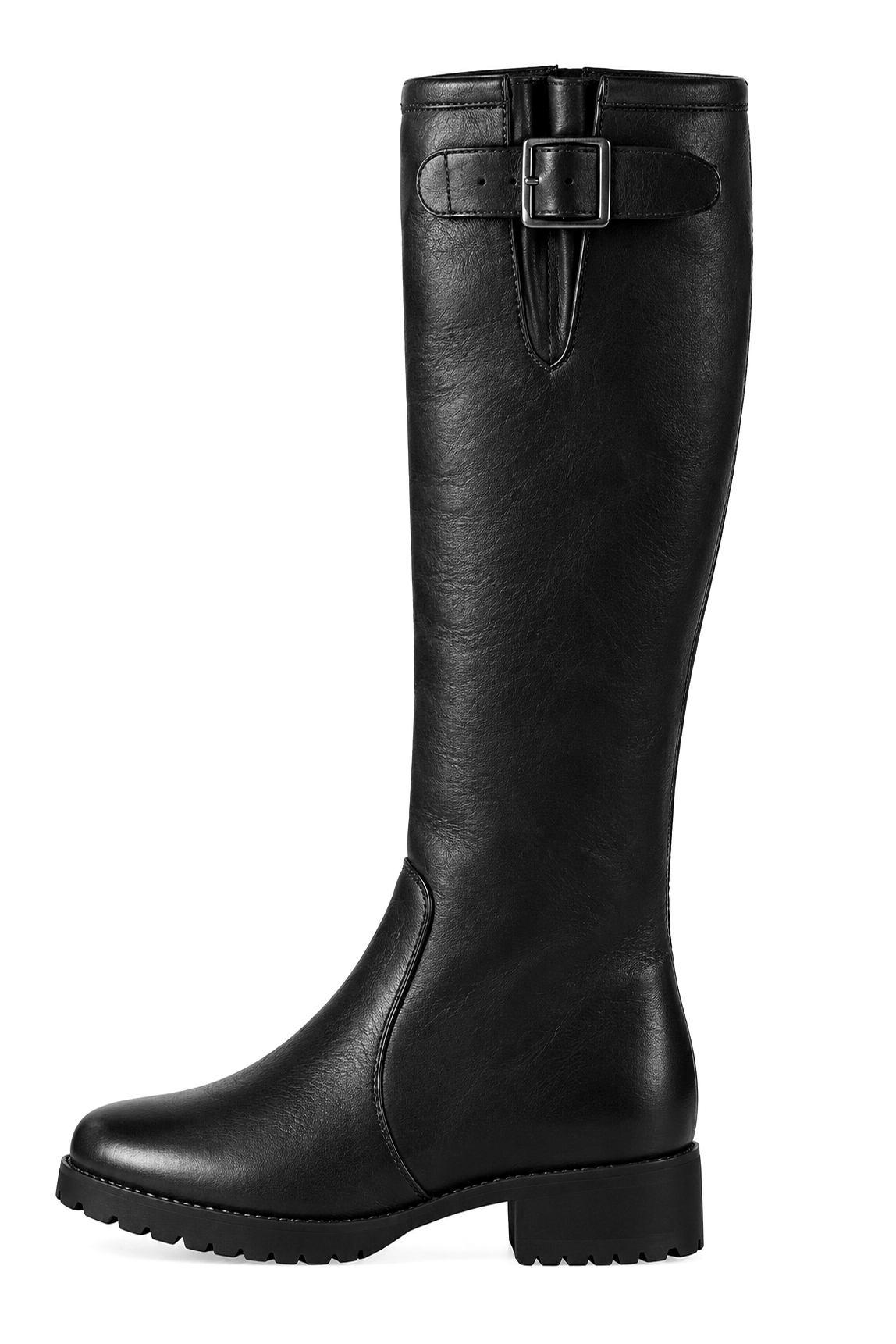 Dress custom-made knee-high boots with buckles in satin black leather with thick rubber soles and round toe - Profile view